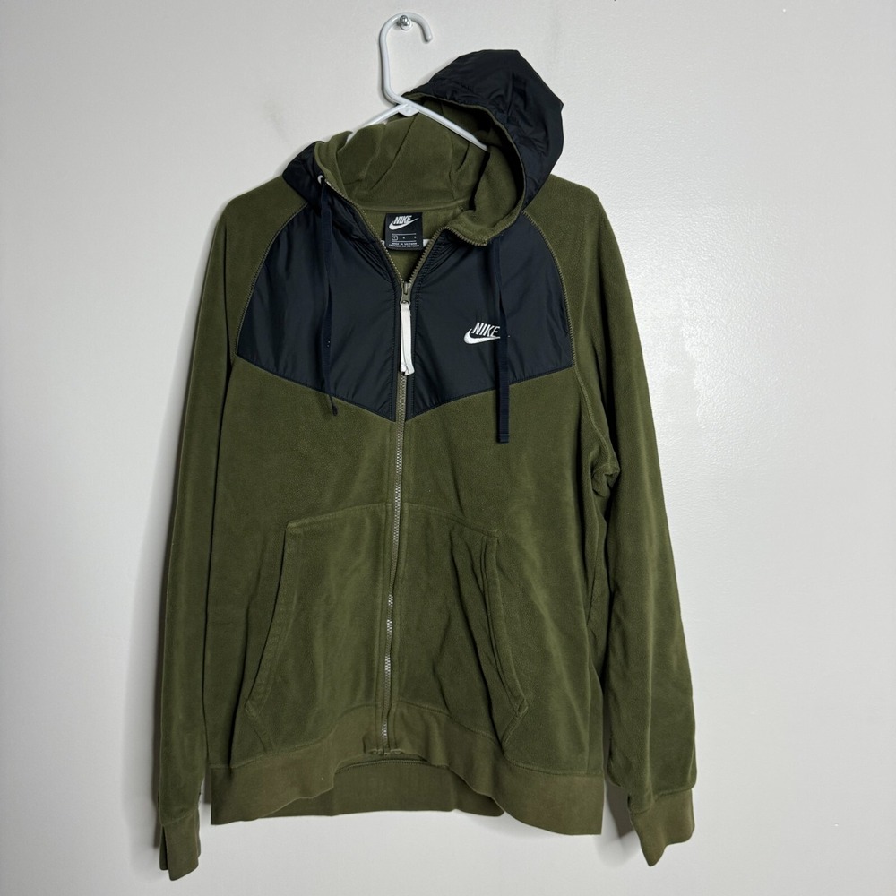 Nike Full Zip Hoodie Mens L Olive Green Black Fleece Windrunner Style 0264